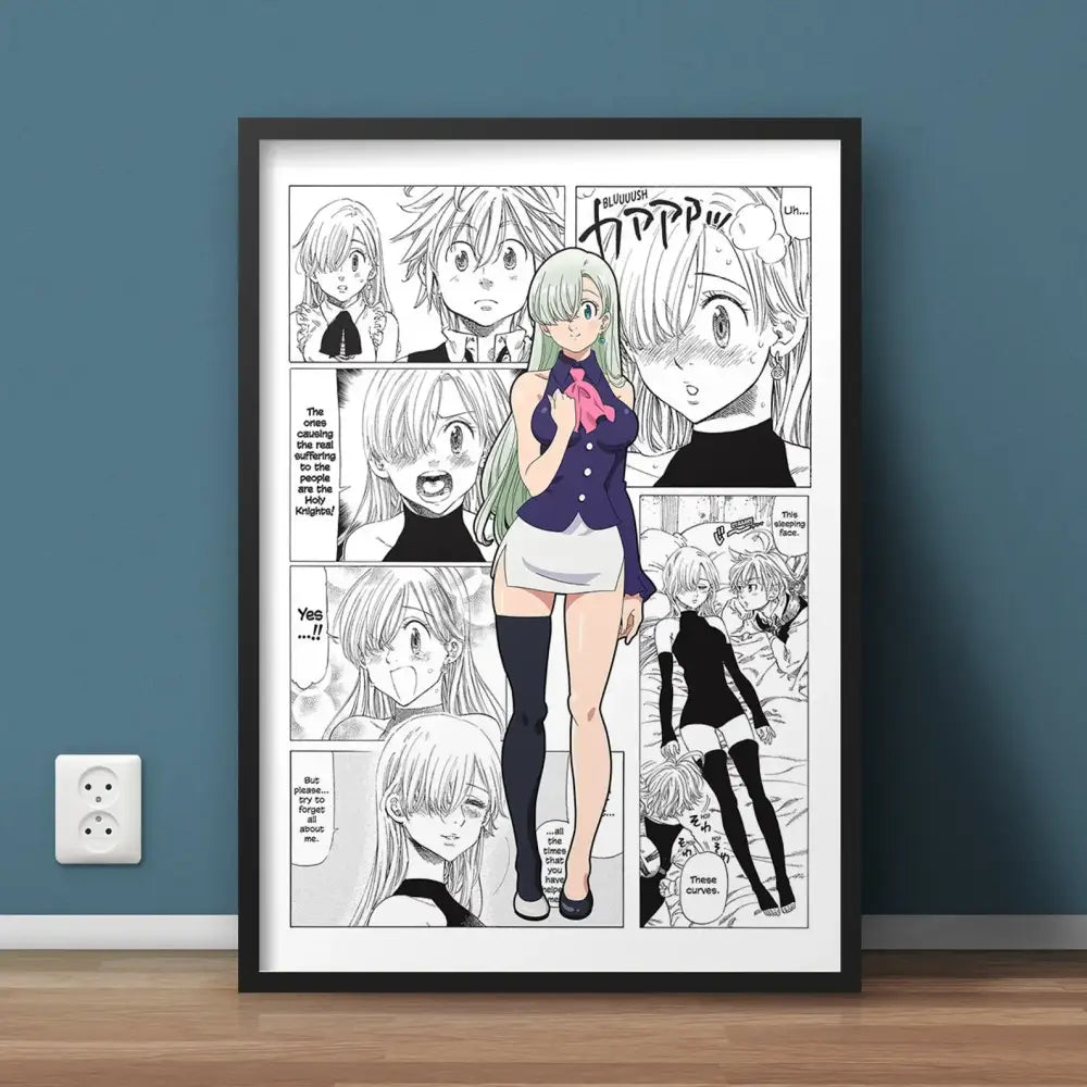 A framed black and white hero academia canvas featuring a green haired anime character and expressive manga panels