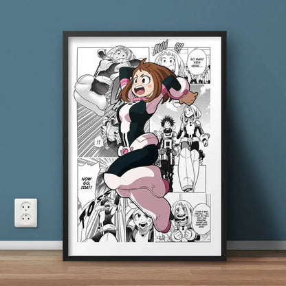 A framed hero academia canvas wall art featuring dynamic black and pink character illustration with bold linework