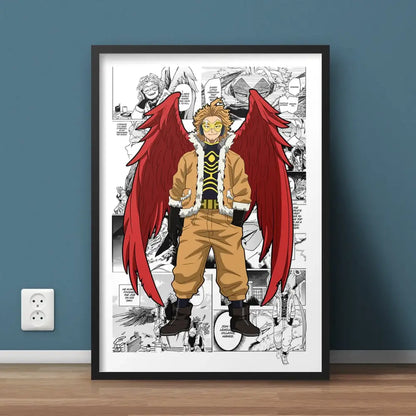 A framed hero academia canvas wall art featuring a vibrant red-winged anime character in tan and black attire