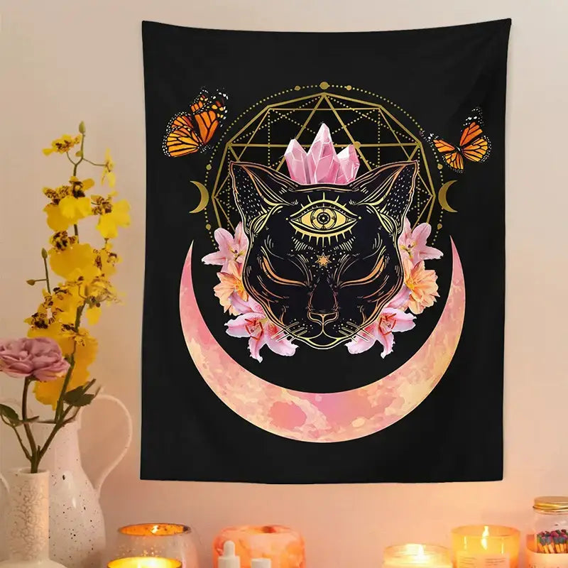 Black tapestry wall hanging featuring a mystic cat witch moon with pink crystals and colorful butterfly decorbites cat witch design