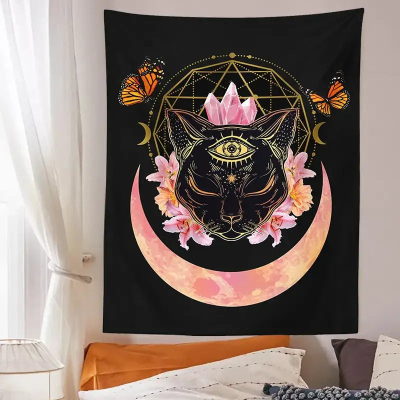 Black tapestry wall hanging featuring a mystical cat witch moon with pink crystals orange butterflies and geometric patterns decorbites