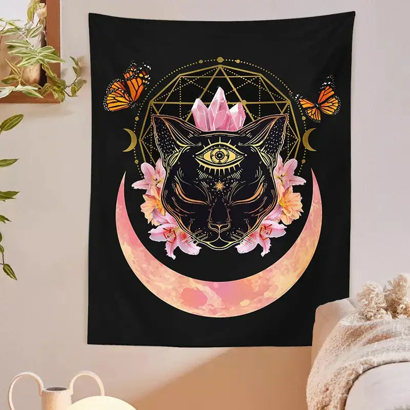 Black tapestry wall hanging featuring a mystic cat witch moon with pink crystals and golden geometric decorbites cat witch design