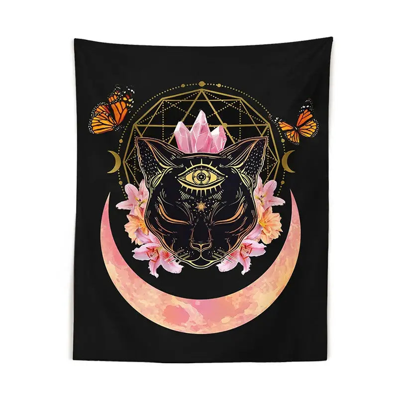 Black tapestry wall hanging with stylized black cat witch moon and pink crystals for decorbites cat witch decor