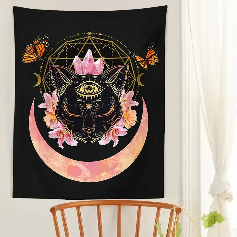 Black tapestry wall hanging featuring a cat witch moon with pink crystals and orange butterflies for decorbites cat witch decor