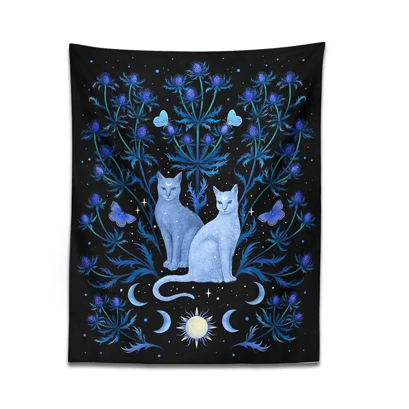 Mystical black and blue cat tapestry wall hanging with two light blue cats, purple thistle flowers, and celestial decorbites cat tapestry