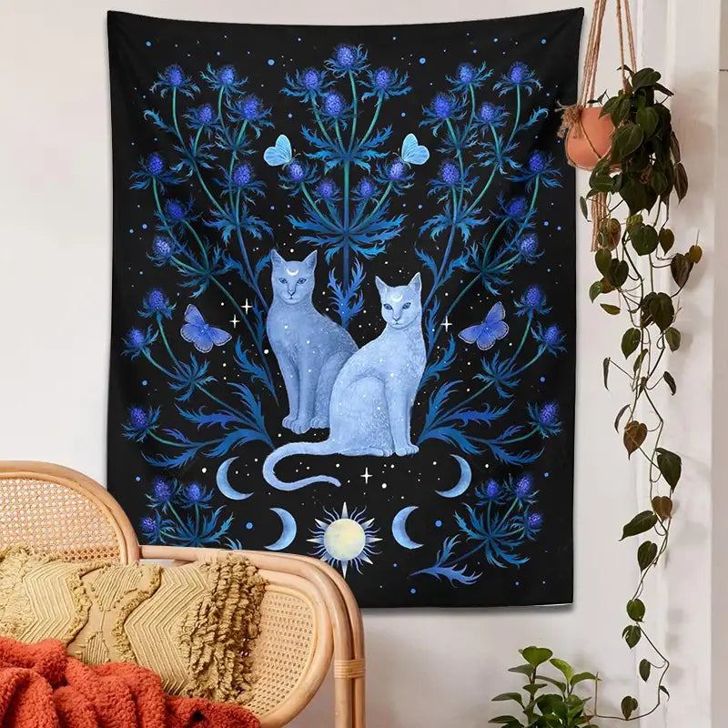 Mystical black and blue cat tapestry wall hanging featuring light blue cats with purple flowers for decorbites cat tapestry decor