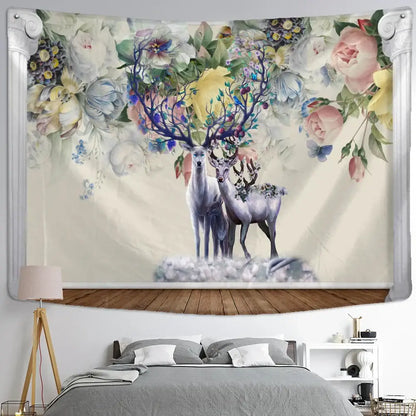 Mystical elk tapestry wall hanging with two elegant light gray deer and vibrant floral antlers on pastel background