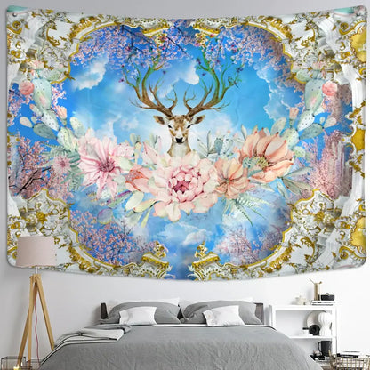 Mystical elk tapestry wall hanging with central deer, pink flowers, cactus, blue sky and ornate gold white frame for bedroom decor