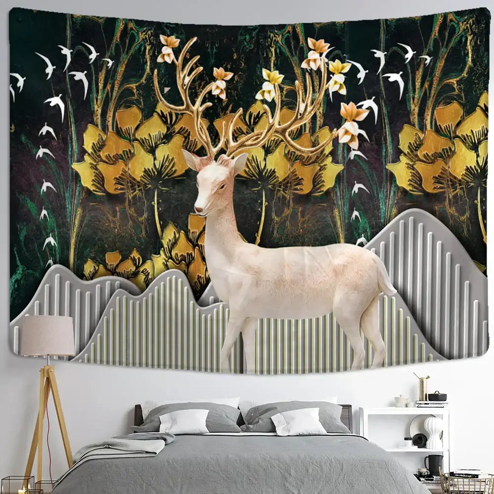 Mystical elk tapestry wall hanging featuring a white deer with golden antlers in a forest decor setting
