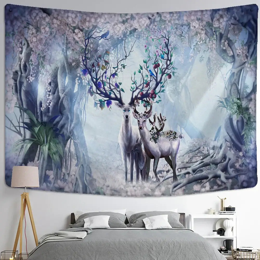 A soft rectangular elk tapestry wall hanging depicting two deer with blossoming antlers in a mystical forest scene