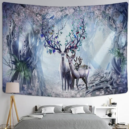 A soft rectangular elk tapestry wall hanging depicting two deer with blossoming antlers in a mystical forest scene