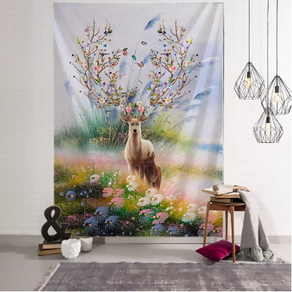 Mystical elk tapestry wall hanging featuring a vibrant floral deer with antler blossoms for bedroom forest decor