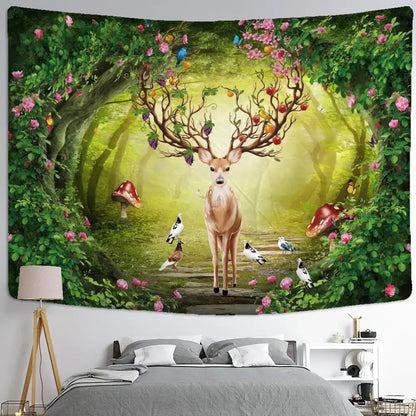 Vibrant forest-themed elk tapestry wall hanging featuring a deer with fruit and flowers for bedroom decor