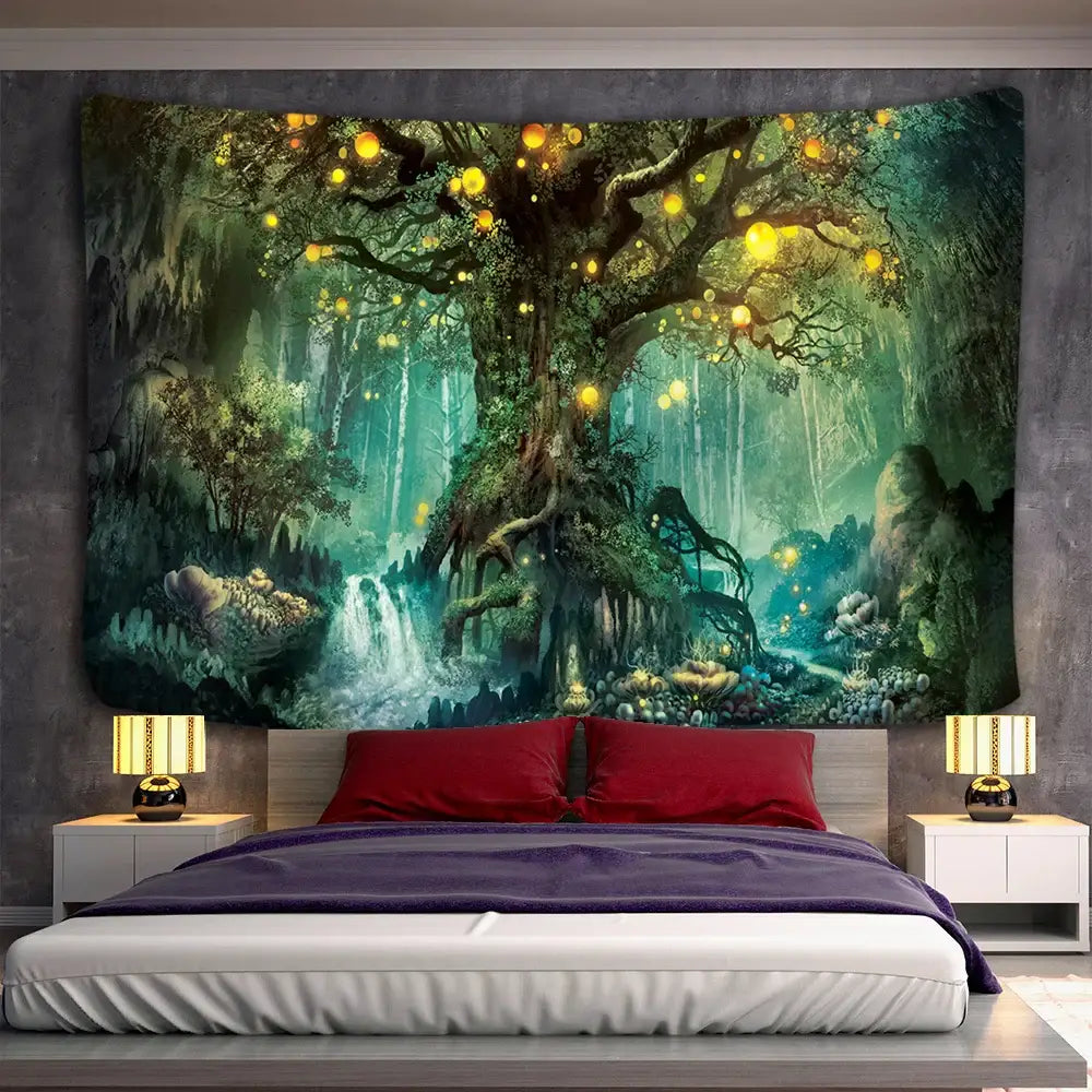 A large rectangular hippie wall tapestry with mystical forest print and glowing yellow orbs for bedroom decorbites 3d print