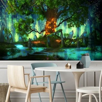 A sleek white circular dining table with minimalist legs beside decorbites 3d print hippie wall tapestry in bedroom decor