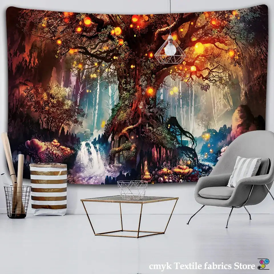 A vibrant mystic forest hippie wall tapestry with glowing ancient tree and waterfall decorbites 3d print decor