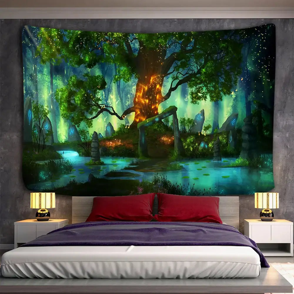 Vibrant forest hippie wall tapestry with glowing green and orange hues featuring a central tree decorbites 3d print decor