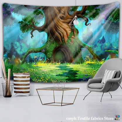 Mystical forest hippie wall tapestry with vibrant 3d print featuring an ancient tree and glowing blue light decorbites 3d print