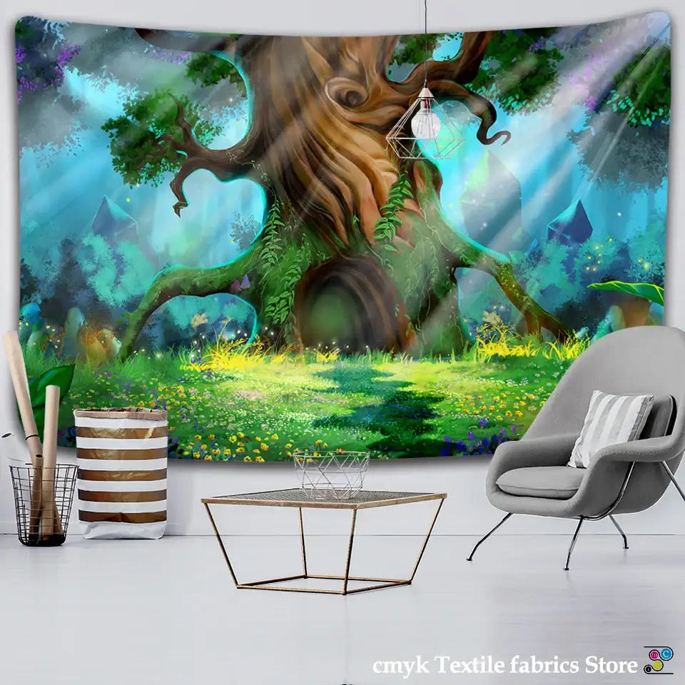 Mystical forest hippie wall tapestry with vibrant 3d print featuring an ancient tree and glowing blue light decorbites 3d print