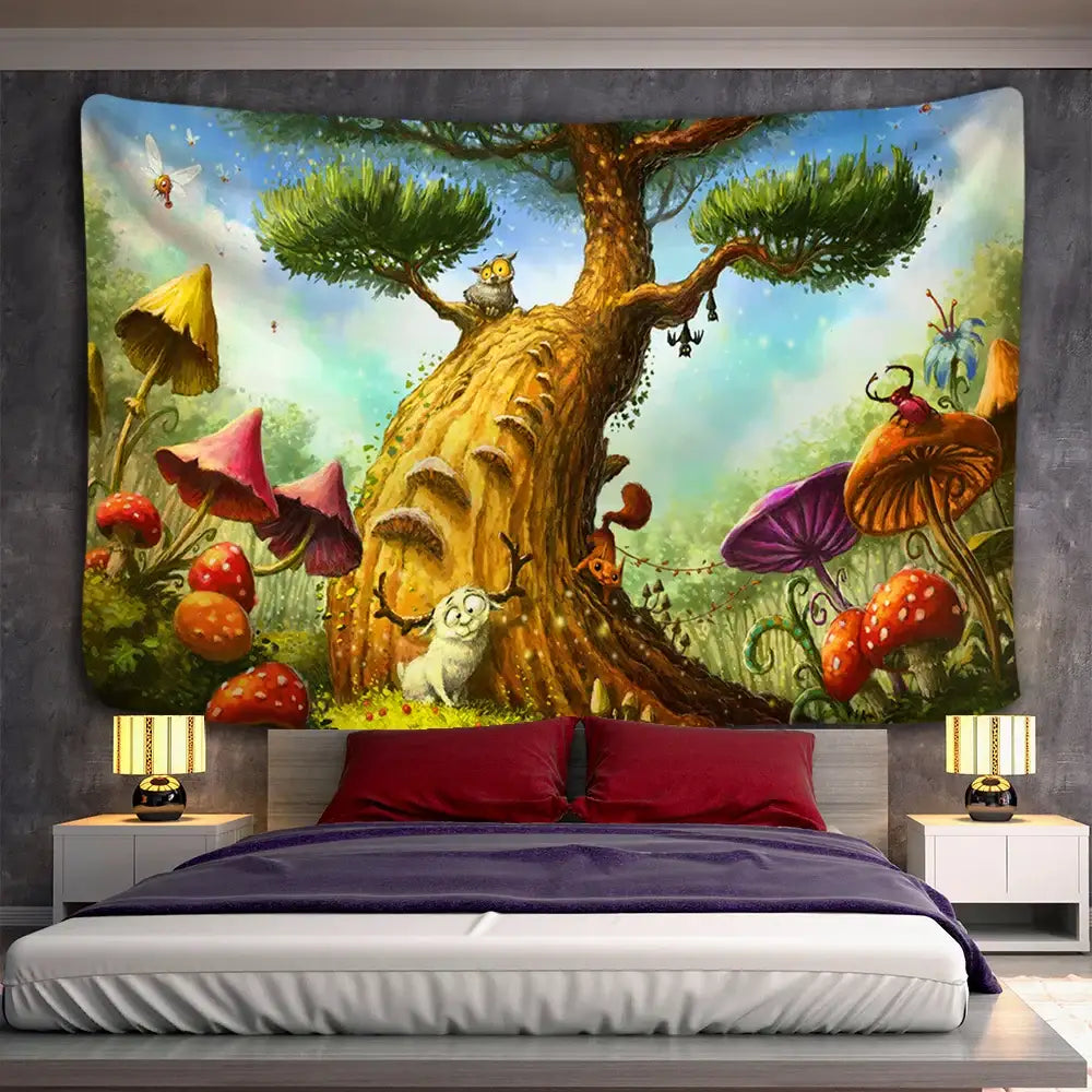 A vibrant hippie wall tapestry with a 3d print mystical forest featuring oversized mushrooms by decorbites