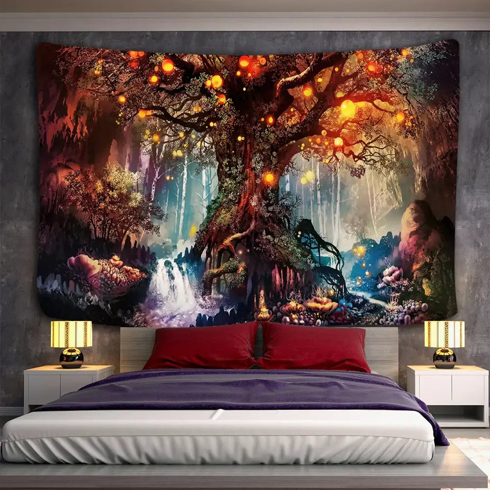Vibrant mystical forest hippie wall tapestry with glowing orange lanterns and waterfall decorbites 3d print decorbites 3d print decor hippie wall tapestry