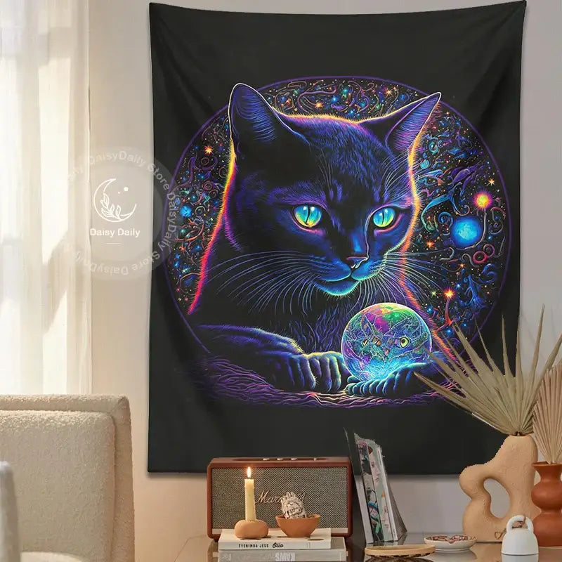 A vibrant psychedelic decorbites black cat tapestry with glowing blue eyes and neon fur for cosmic bedroom wall art