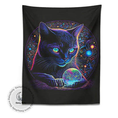 Mystical neon black cat tapestry featuring a glowing cat with vibrant fur and cosmic patterns for bedroom decorbites black cat wall art