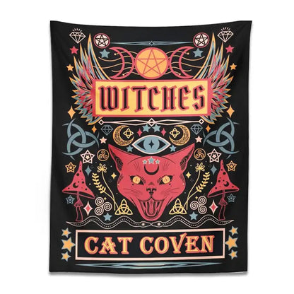 Black tapestry featuring a vibrant red cat with golden eyes and mystical symbols for cat witchcraft home decor