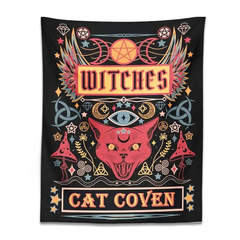 Black tapestry cat witchcraft tapestry featuring a vibrant red cat with golden eyes and mystical symbols in pink and gold