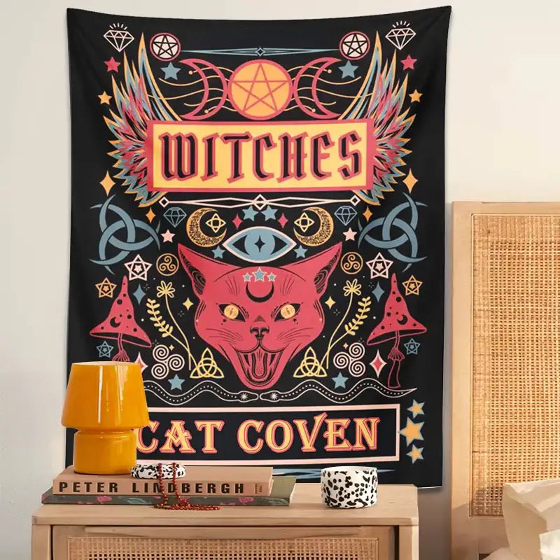 A vibrant black cat witchcraft tapestry featuring a pink cat and mystical symbols for home decor