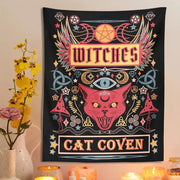 A vibrant black cat witchcraft tapestry with a pink cat and mystical symbols for unique home decor