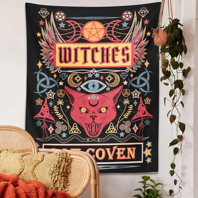 A vibrant black cat witchcraft tapestry featuring a red cat with golden eyes and colorful mystical symbols for wall decor