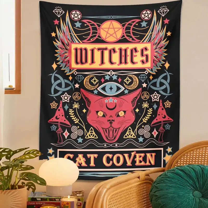 A vibrant black cat witchcraft tapestry with a red cat and colorful mystical symbols for bedroom wall decor