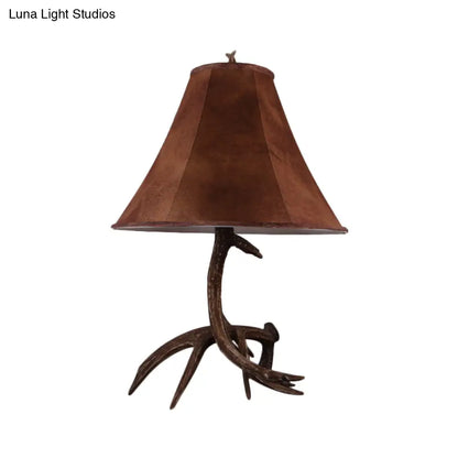 Nadia - Rustic Brown Wide Flared Night Lamp Farmhouse Fabric 1 Head Bedroom Table Light with Antler Base