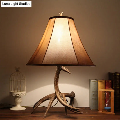 Nadia - Rustic Brown Wide Flared Night Lamp Farmhouse Fabric 1 Head Bedroom Table Light with Antler Base