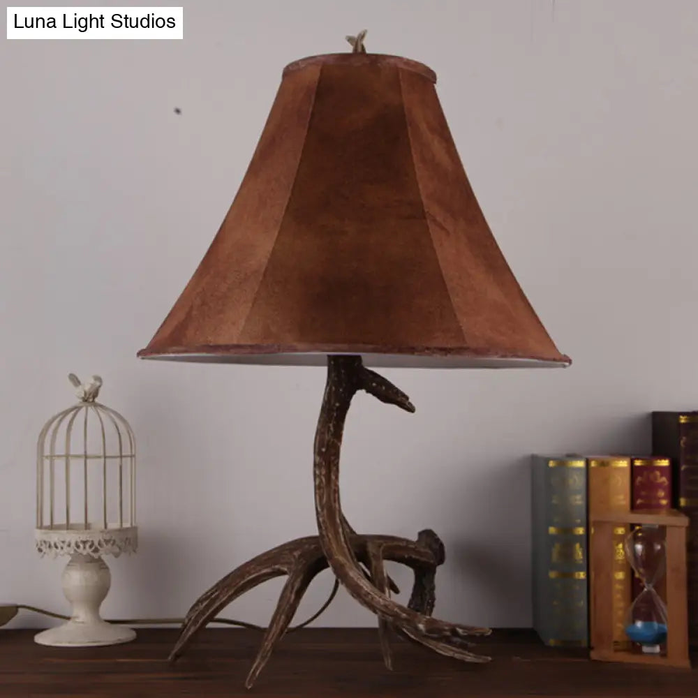 Nadia - Rustic Brown Wide Flared Night Lamp Farmhouse Fabric 1 Head Bedroom Table Light with Antler Base