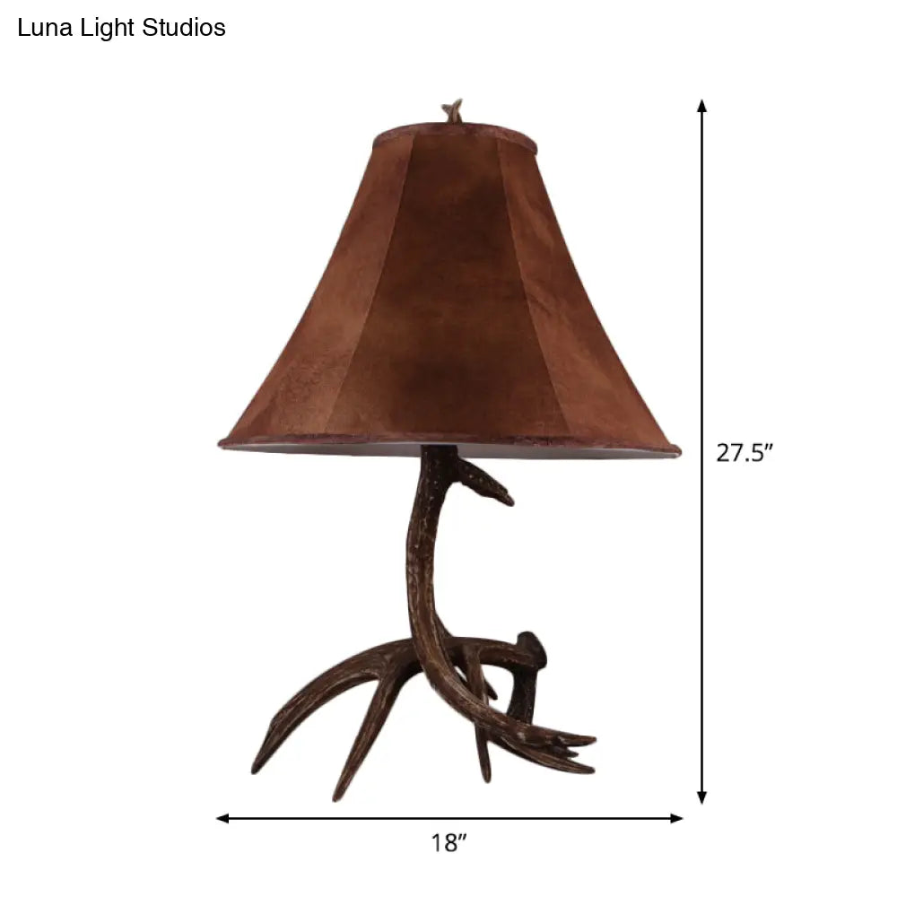 Nadia - Rustic Brown Wide Flared Night Lamp Farmhouse Fabric 1 Head Bedroom Table Light with Antler Base