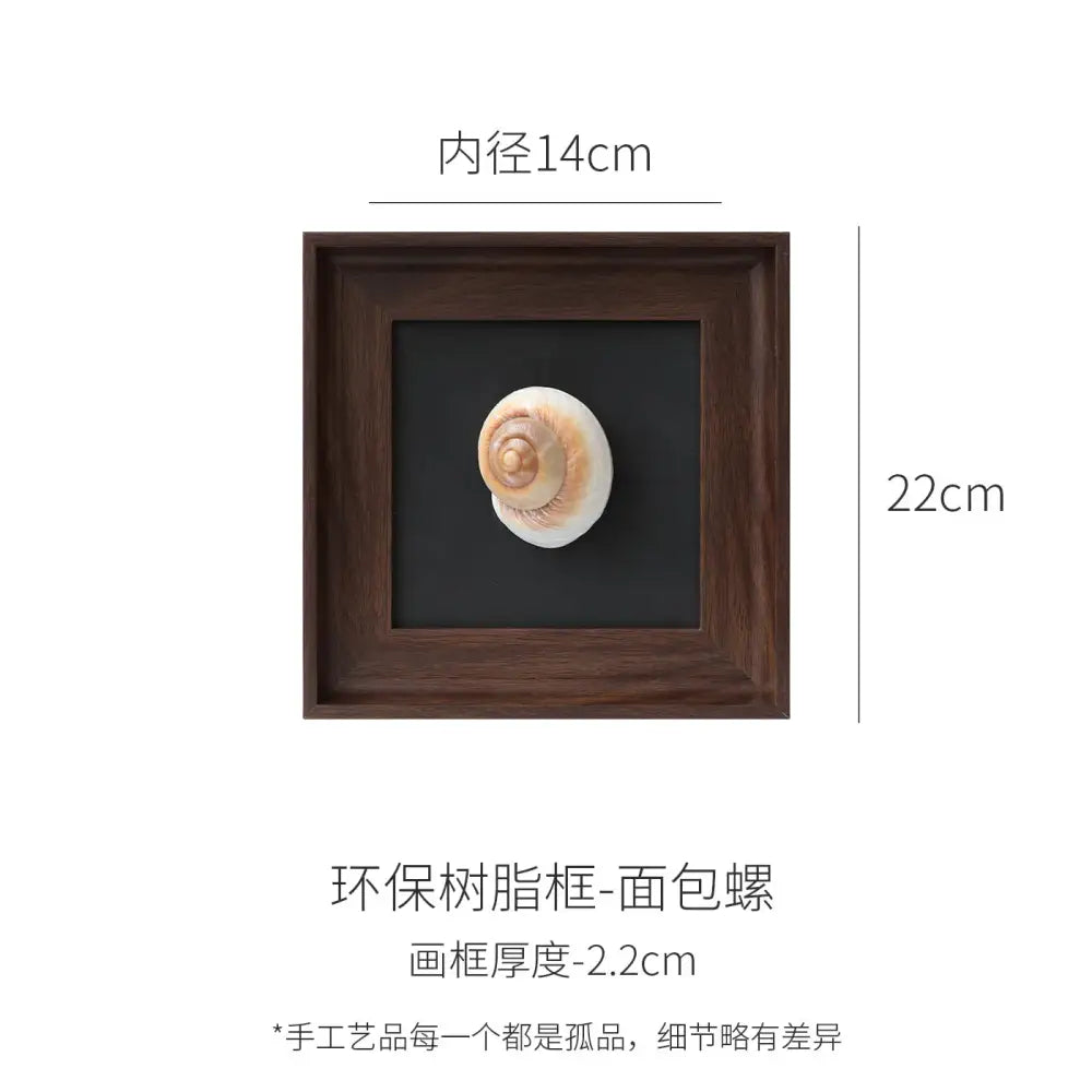Natural abalone shell decorative painting frame with spiral beige seashell in dark brown wood for living room art