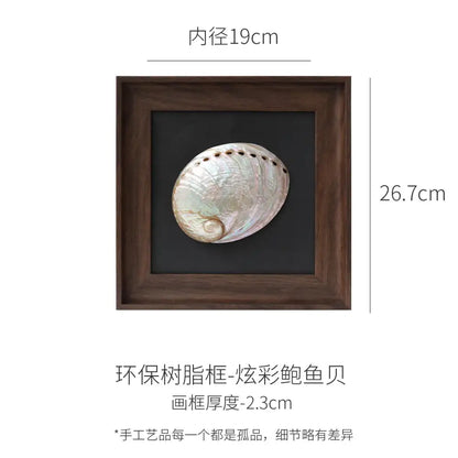 Natural abalone shell decorative painting frame with iridescent shell in dark brown wood for living room art