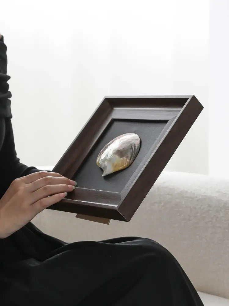Natural abalone shell decorative painting frame with polished iridescent pearl and dark wood for living room art