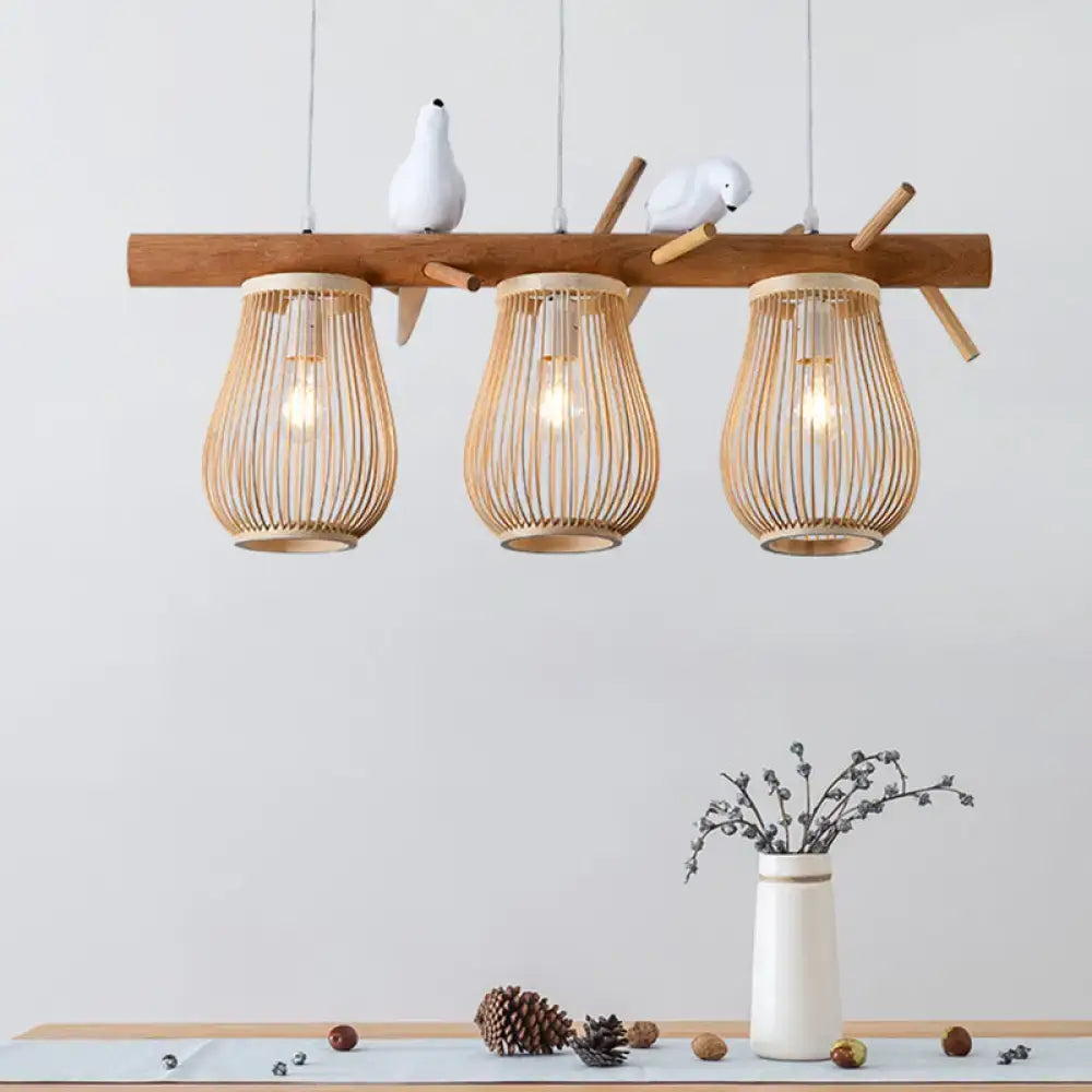 Natural bamboo pendant light with three woven shades and wooden branch fixture for dining room island lights dining room