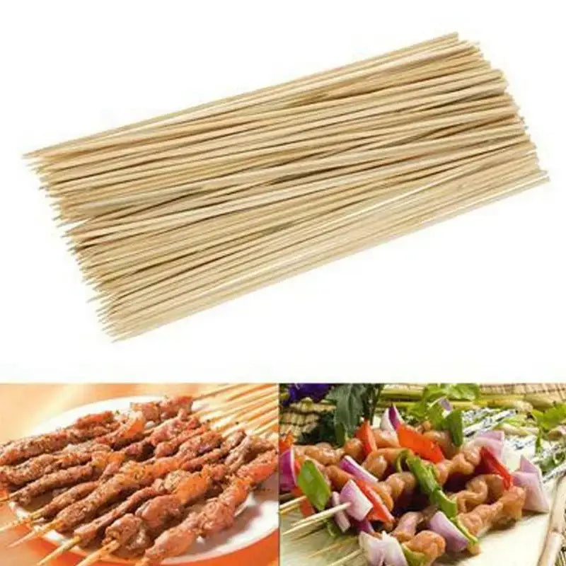 A bundle of light brown natural bamboo bbq skewers 100pcs neatly arranged for kitchen grilling use