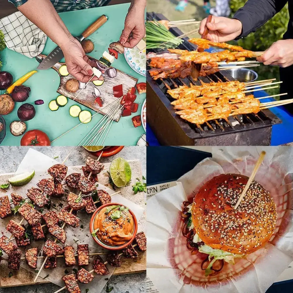 A sesame-seeded burger in a toasted bun served on patterned paper showcasing natural bamboo bbq skewers for grilling use
