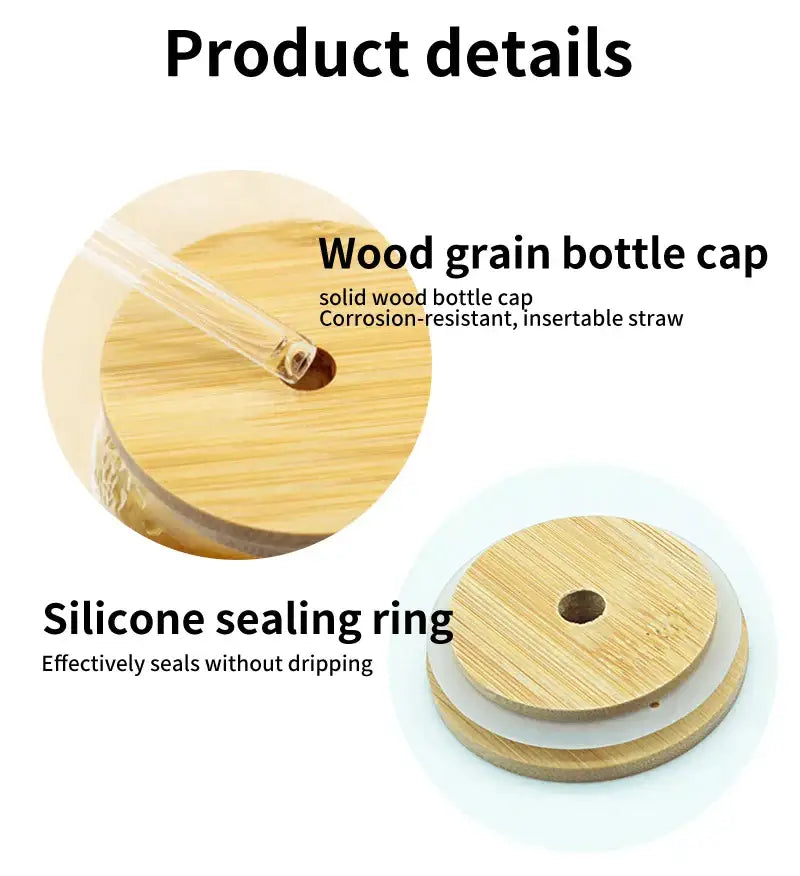 Natural bamboo decorbites bamboo lid for glass cup with solid wood grain bottle cap silicone seal and clear straw