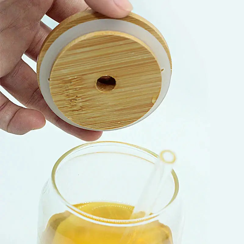 Natural bamboo lid with white silicone ring and central hole for glass cup by decorbites bamboo lid accessory