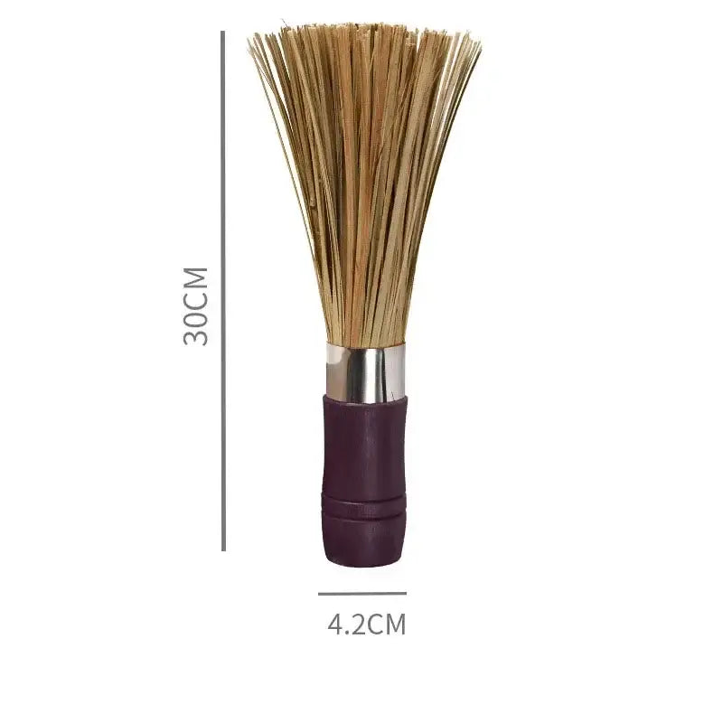 Natural bamboo pot brush with dark purple ergonomic handle silver metallic collar and light brown bristles for green cleaning