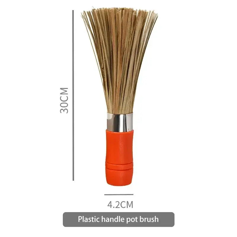 Orange plastic-handled pot brush with metallic collar and light brown bristles from decorbites bamboo kitchen green cleaning set