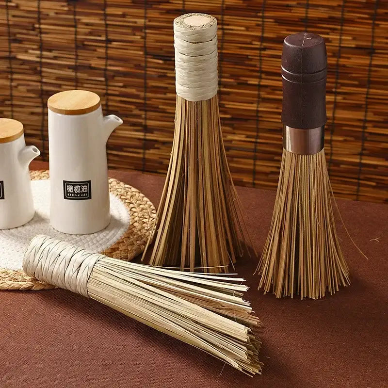 Natural bamboo pot brush set with woven handles in dark brown grip and white twine for green cleaning by decorbites bamboo kitchen