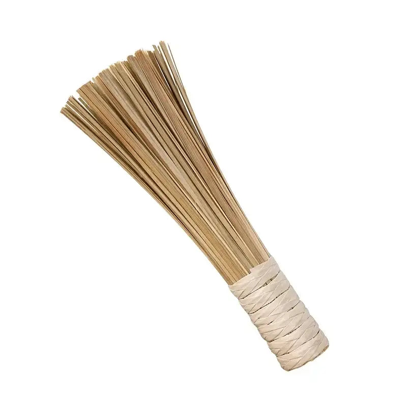 Natural beige straw pot brush with off-white fabric handle from decorbites bamboo kitchen for green cleaning use