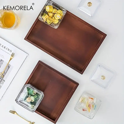 Brown bamboo wooden rectangular tea tray with smooth distressed finish and raised edges for dining room use